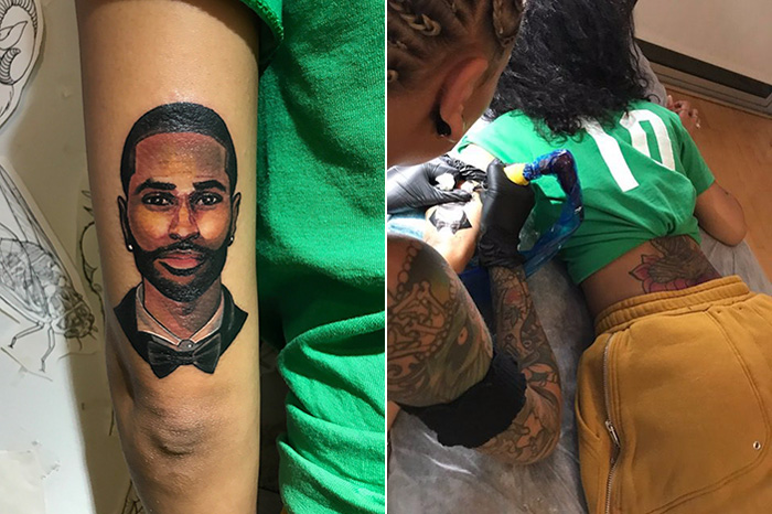 Jhene Aiko getting tatto of Big Sean's face on her arm