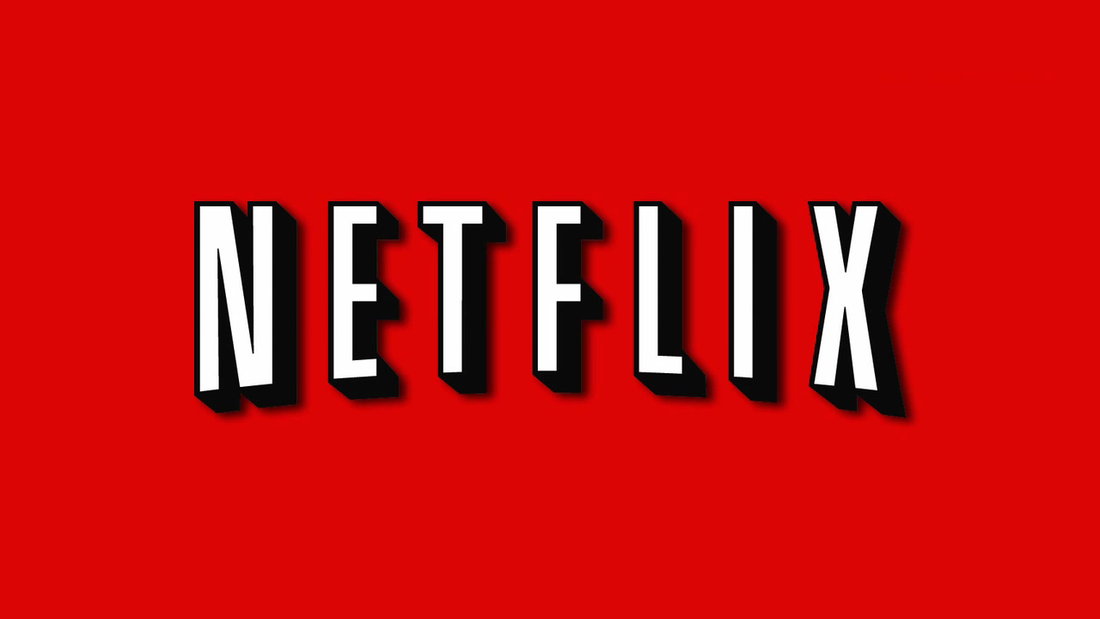 Netflix logo. Red background with white worlds with black outline.