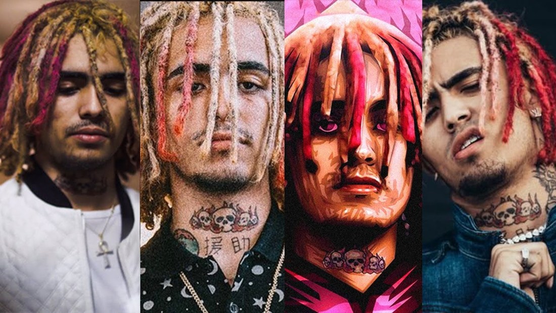 Four phots of rapper LIl Pump with blond and pink dreadlock hair and showing his skull and fire tattoo on his neck