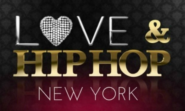 Love and Hip Hop New York logo. Love is spelled with a diamond heart in place of the O and the hop hop lettering is in shiny gold.