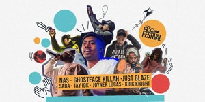 2017 A3C poster with pictures of hip hop artists Nas, Ghostface Killah, Just Blaze, Saba, Jay IDK, JOyner Lucs, and Kirk Knight. White background iwht blue, red and orange dots. Images of rappers pop out from center.